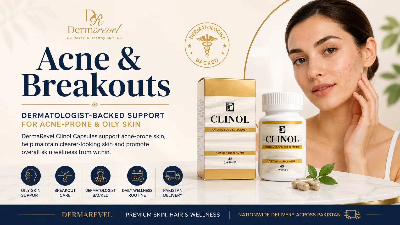 Acne Products Pakistan featuring DermaRevel Clinol Capsules for acne and breakouts
