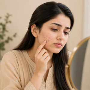 Pakistani woman examining acne and breakouts on her cheek