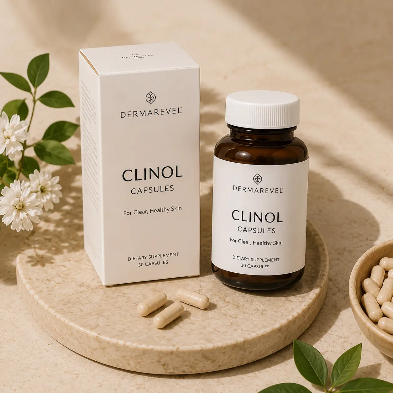 Clinol Capsules product flatlay by DermaRevel