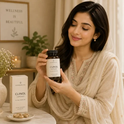 Pakistani woman holding Clinol Capsules by DermaRevel