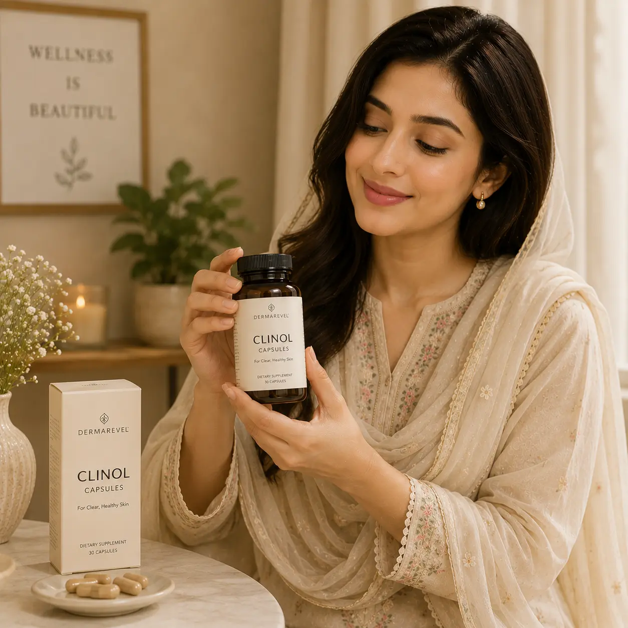 Pakistani woman holding Clinol Capsules by DermaRevel