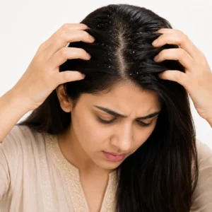 Close-up of scalp showing dandruff and itchiness concerns