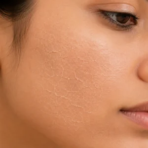 Extreme close-up showing dry and dehydrated facial skin texture