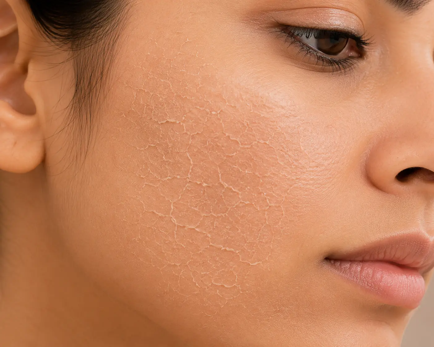 Extreme close-up showing dry and dehydrated facial skin texture