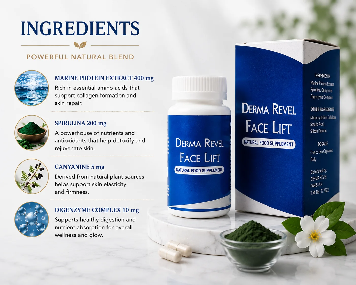 Face Lift Capsules Pakistan ingredients marine protein extract spirulina canyanine and digenzyme complex