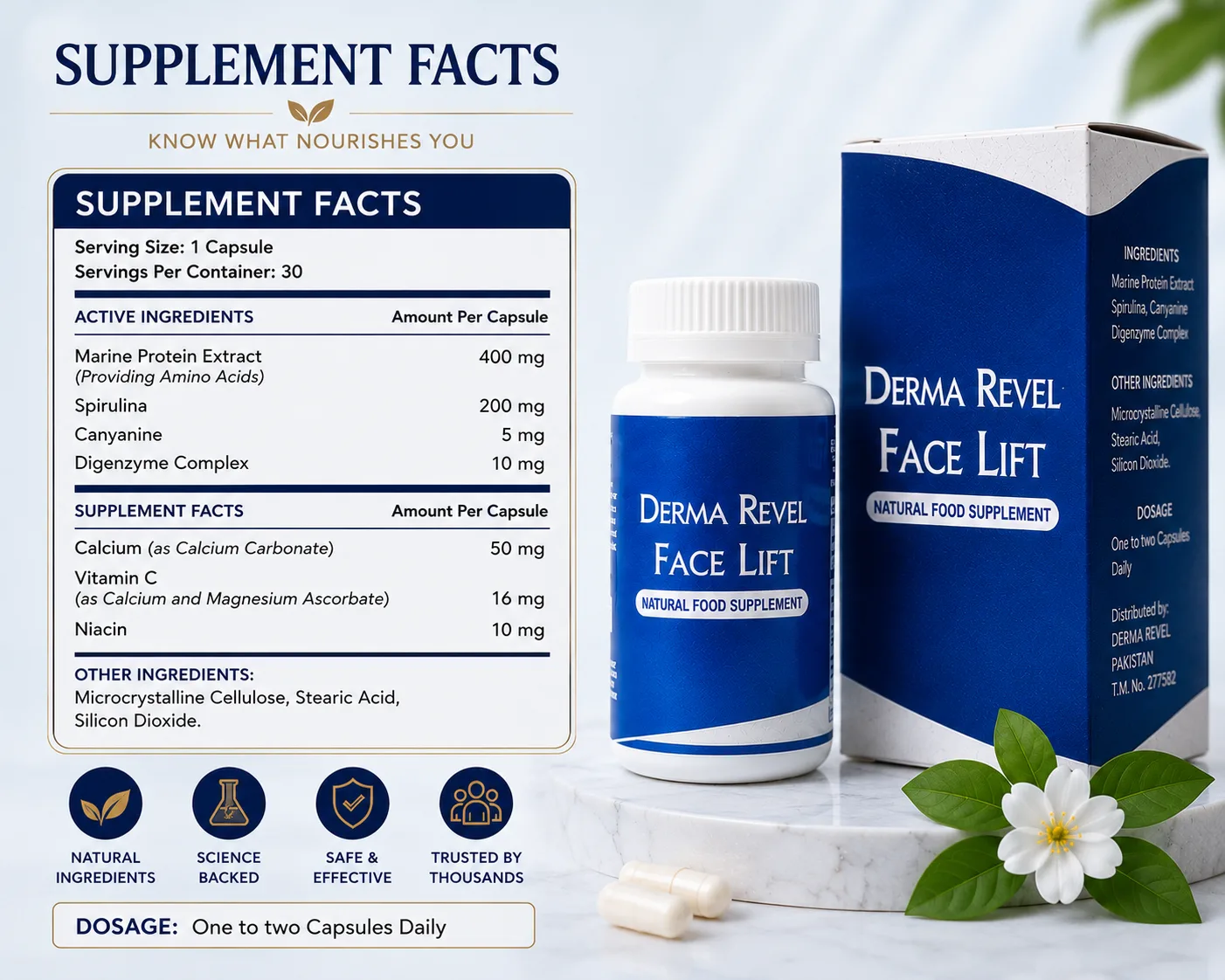 Face Lift Capsules Pakistan supplement facts nutrition information and active ingredients
