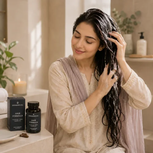 Pakistani woman following healthy hair care routine