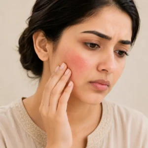 Pakistani woman with sensitive skin and visible facial redness