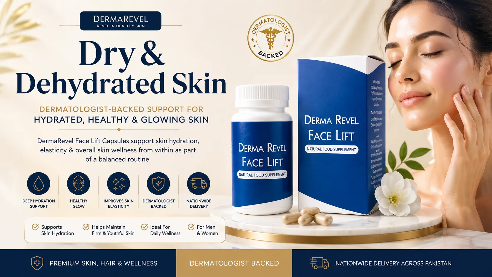 Dry Dehydrated Skin Treatment Pakistan featuring DermaRevel Face Lift Capsules for skin hydration and healthy glowing skin
