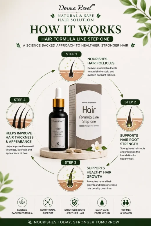 How Hair Formula Works How Derma Revel Hair Formula Step One supports hair follicles and growth