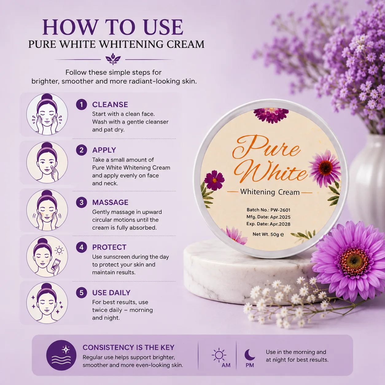 How to use Pure White Whitening Cream daily