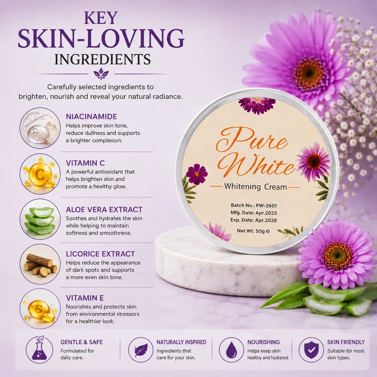 Pure White Whitening Cream ingredients for skin brightening