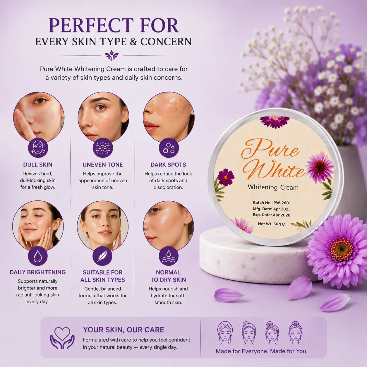 Pure White Whitening Cream for dull skin uneven tone and dark spots