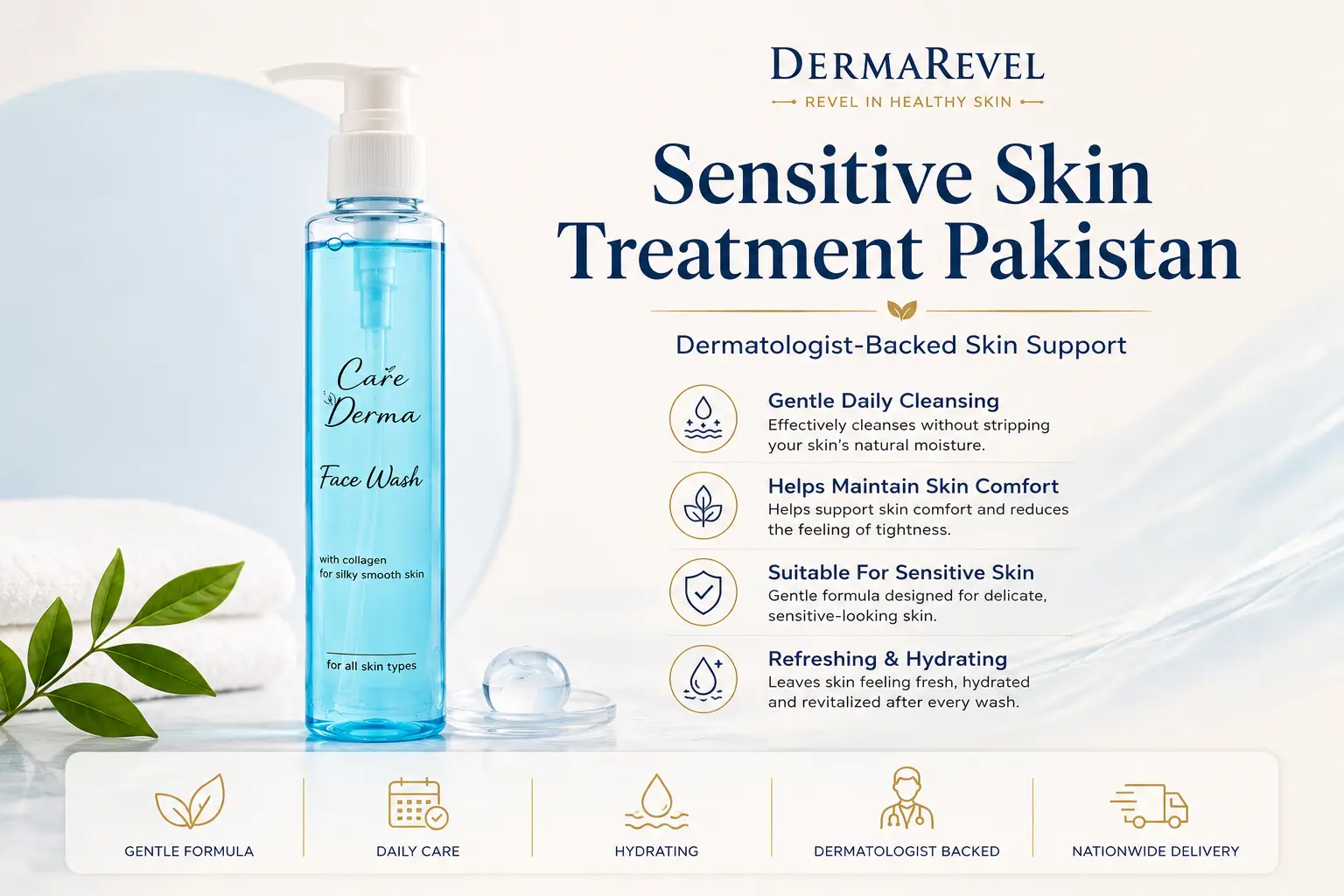 Sensitive skin treatment in Pakistan featuring DermaRevel Face Wash With Collagen for gentle daily cleansing and skin comfort